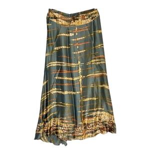 Soft Surroundings Silk Maxi Skirt Olive Green Brown Gold Leaf‎ Embroidery PS